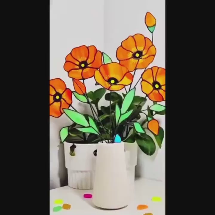 Stained Glass Poppy Bouquet: Handmade Floral Arrangement in Ceramic Pitcher