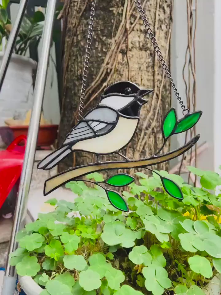 Stained Glass Black Capped Chickadee Suncatcher | Bird on Branch Window Hanging | Maine Massachusetts State Bird Gift | Birdwatcher Decor