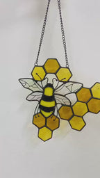 Bee & Honeycomb Stained Glass Suncatcher – Handmade Yellow Window Hanging Decor, Gift for Bee Lovers, Nature Inspired Glass Art Ornament