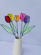 Stained Glass Tulip Suncatcher – Pink Tulip Flower Bouquet, Spring Window Hanging Decor, Handmade Glass Flower, Gift for Mom & Grandma