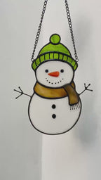 Handmade Stained Glass Snowman Ornament – Winter Christmas Window Decor, Unique Suncatcher Gift for Her Him, Home Holiday Decoration