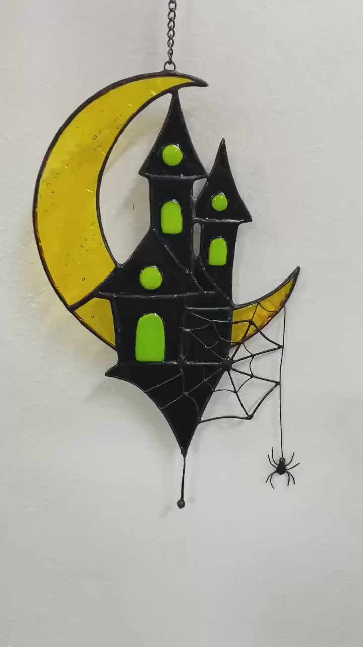 Stained Glass Halloween Suncatcher: Crescent Moon, Haunted House, Spider Tower