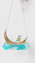 Stained Glass Boat Suncatcher – Handmade Crescent Moon, Window Decor