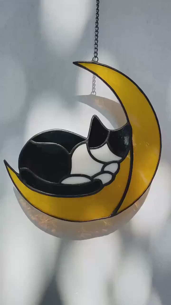 Stained Glass Cat on Moon, Celestial Suncatcher, Christmas Gift for Cat Mom, Pet Memorial Window Hanging, Unique Animal Lover Present