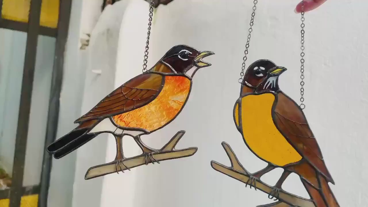Stained Glass American Robin Suncatcher | Red Breasted Bird Window Hanging | CT MI WI State Bird Gift | Spring Garden Decor, Birdwatcher Art