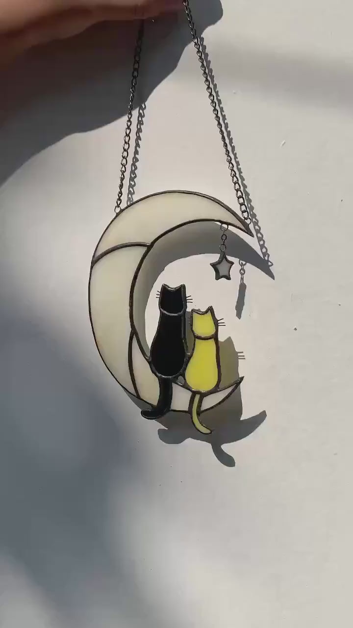 Stained Glass Cat on the Moon Suncatcher, Cat Memorial Gift, Pet Loss Keepsake, Handmade Window Hanging Art, Cat Lover Home Décor Gift