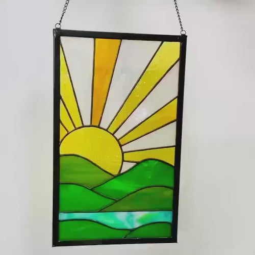 Stained Glass Sunrise Suncatcher Panel | Boho Sun Rays, Mountains & Ocean | Window Hanging