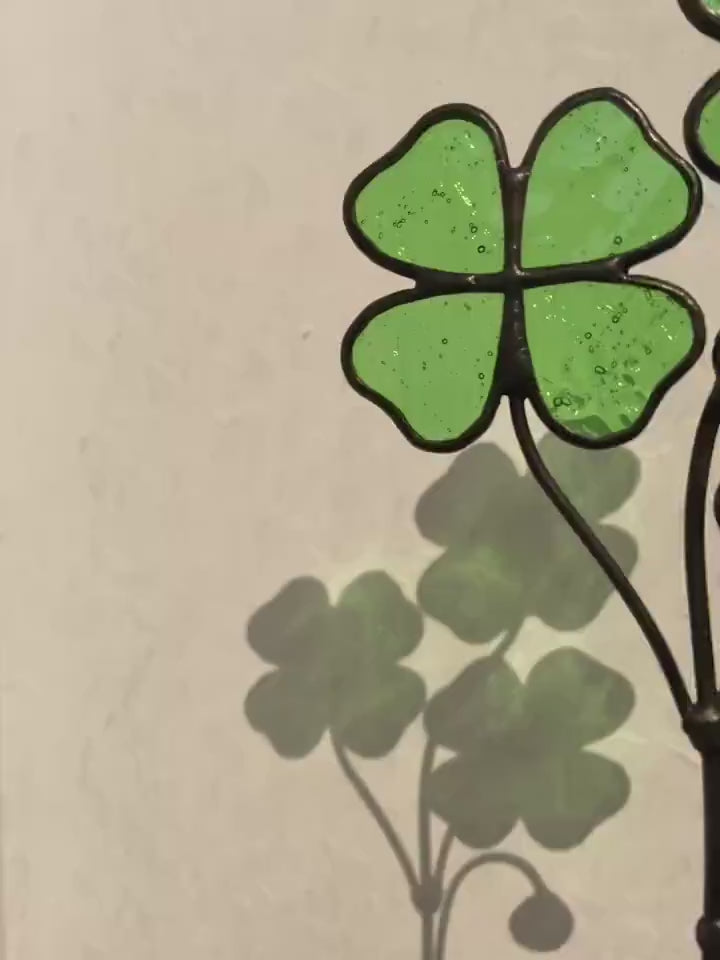 Stained Glass Four Leaf Clover Sculpture | Executive Desk Decor | Good Luck Feng Shui Gift | Solid Wood Base Art | New Job Promotion Gift