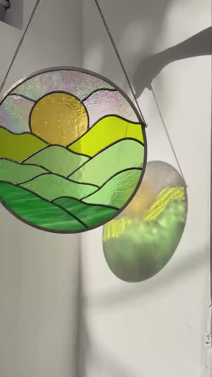 Stained Glass Sun and Mountain Suncatcher: Handmade Nature Art